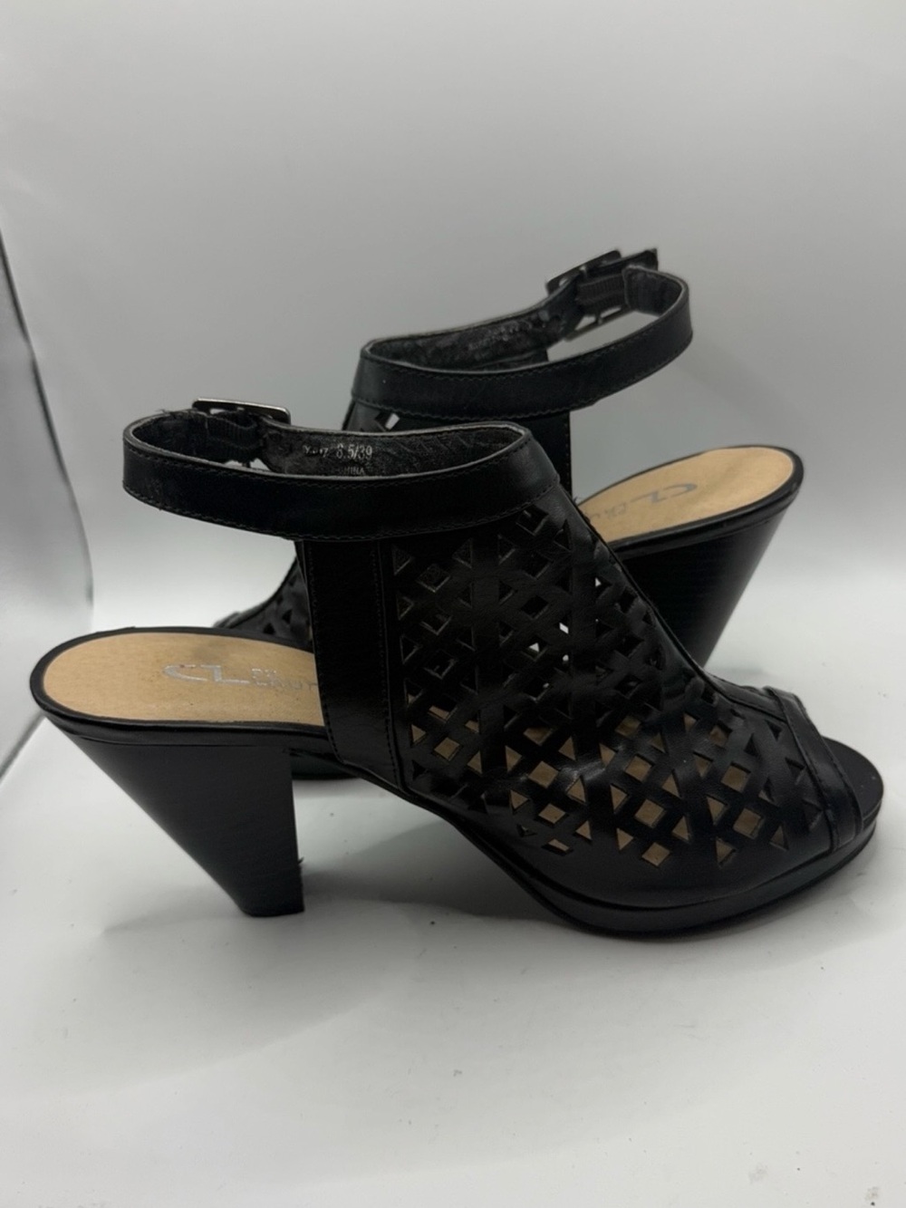 CL by Laundry Wishes Ankle Buckle Black Geometric Cutout Heels